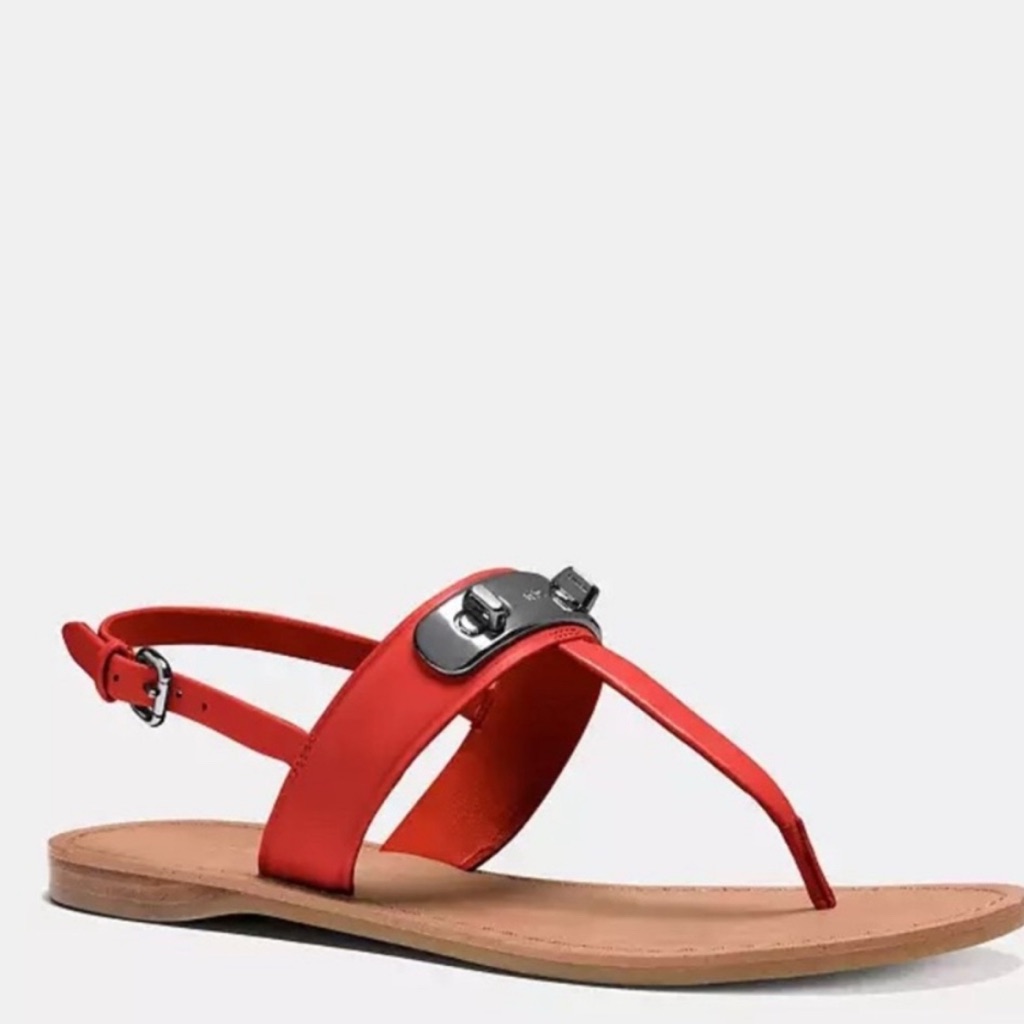 Coach Red Women's Leather Thong Sandal With Silver Accent
